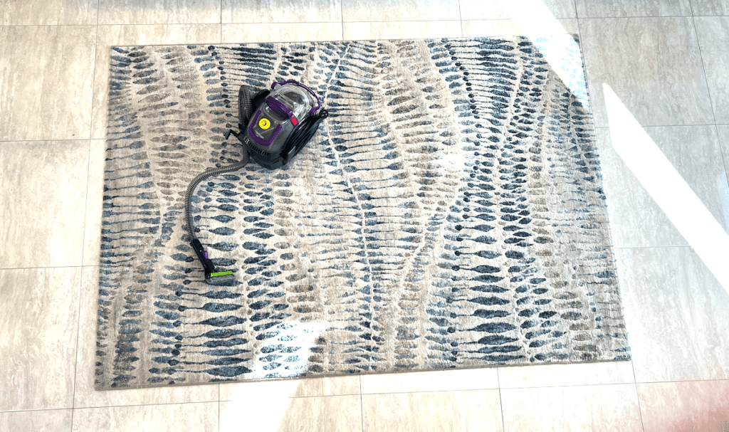 Bayliss wet/dry vacuum cleaner with purple accents placed on a blue and beige patterned area rug during the cleaning process on a light tile floor