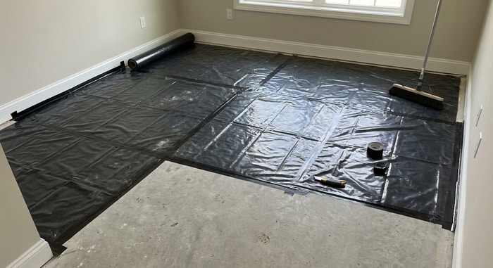 Builder’s plastic moisture barrier installed over a concrete slab before timber flooring installation in a Perth home 